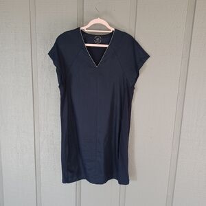 Oui V Neck Mixed Media Linen Cotton Dress Size 8 Women Preppy Pockets In Navy